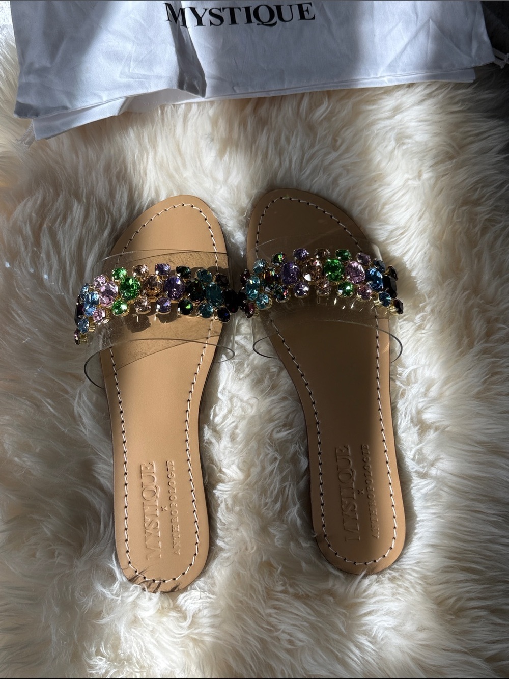 Trendy Mystique Boutique x Anthropologie Tan Slides with Multicolor Gem Accents